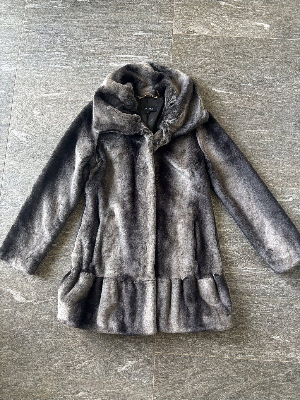 Ellen Tracy Gray Faux Fur Swing Coat With Ruffled Hem